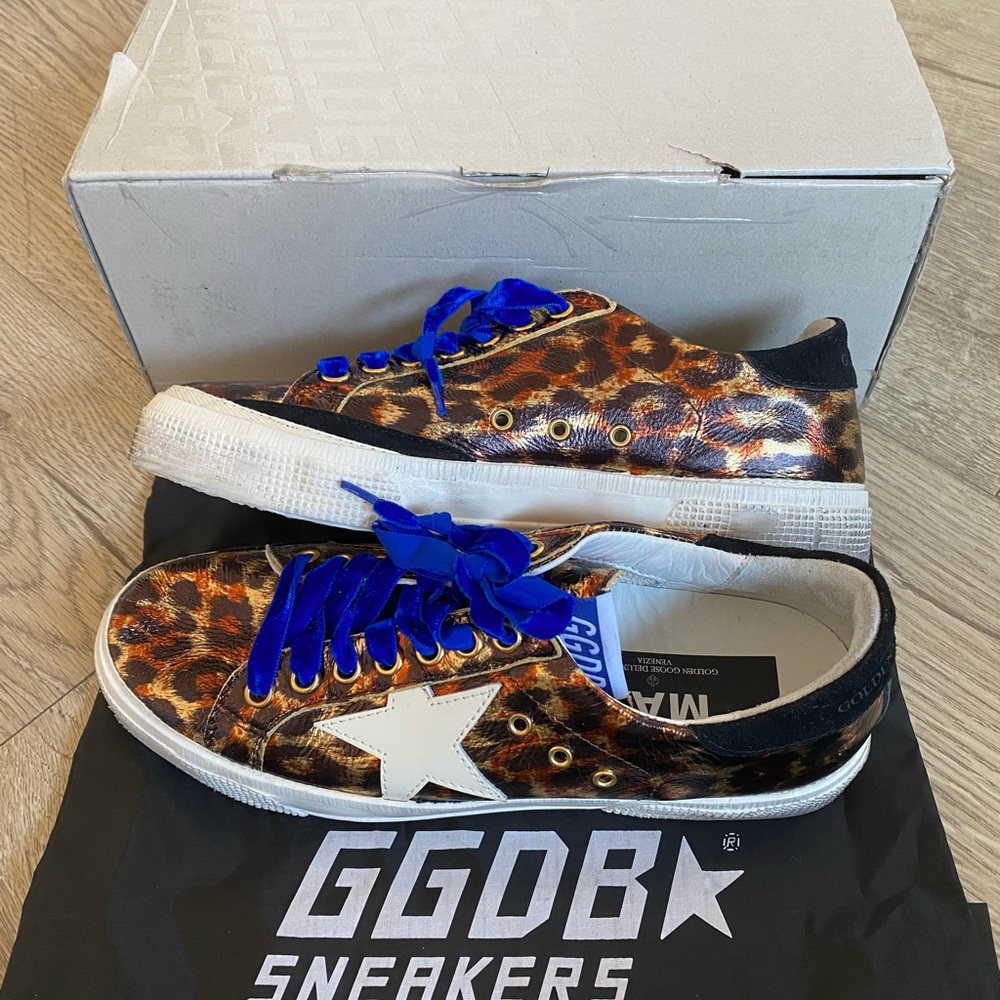 NIB Golden Goose May laminated leopard sneakers - size 38 or 7.5